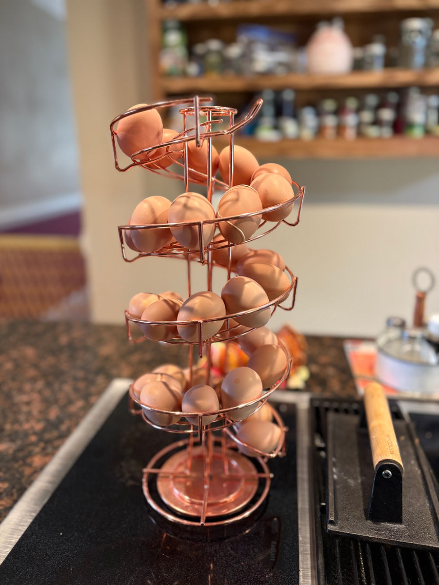 A spiral rack full of fresh eggs