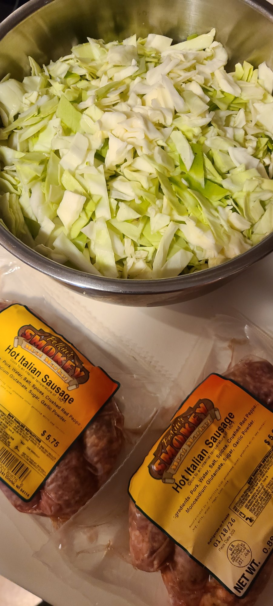 Cabbage and sausage ready to cook