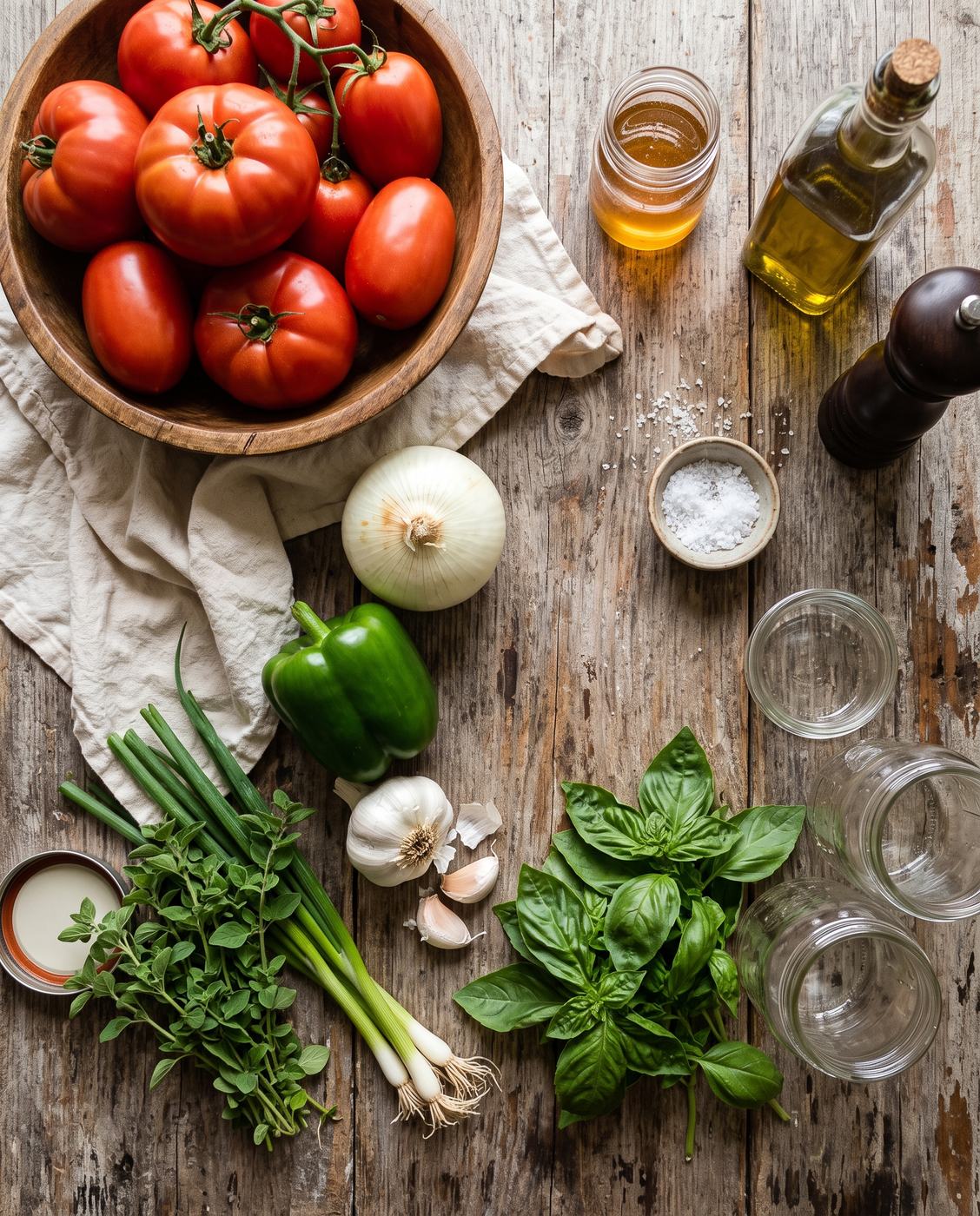 Garden tomatoes, onion, green pepper, garlic, fresh herbs, honey and olive oil